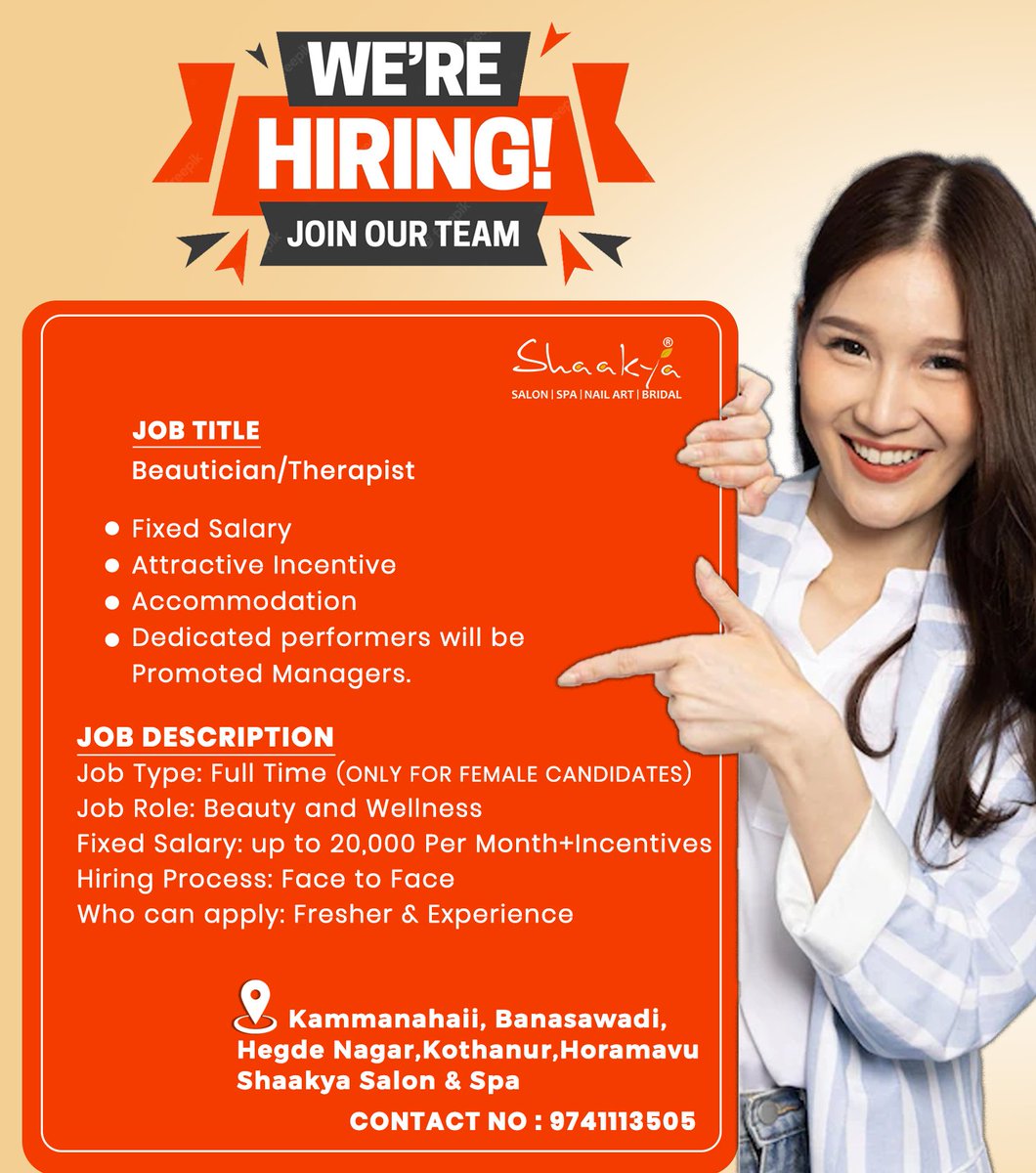 shaakyasalonspa's tweet photo. Shaakya Salon &amp; Spa is Hiring!
Position --
*Beautician 
*Therapist 
For more details, Call 📞: 9741113505 or https://t.co/ZdXoogWoKV
 #shaakyajob #securityjob #telecallers #telecalling #nailartisit #therapist #spatherapist #Kammanahalli #salonjob #bangalorejob #hiringpost #Jobs https://t.co/qzZUqx9ssI