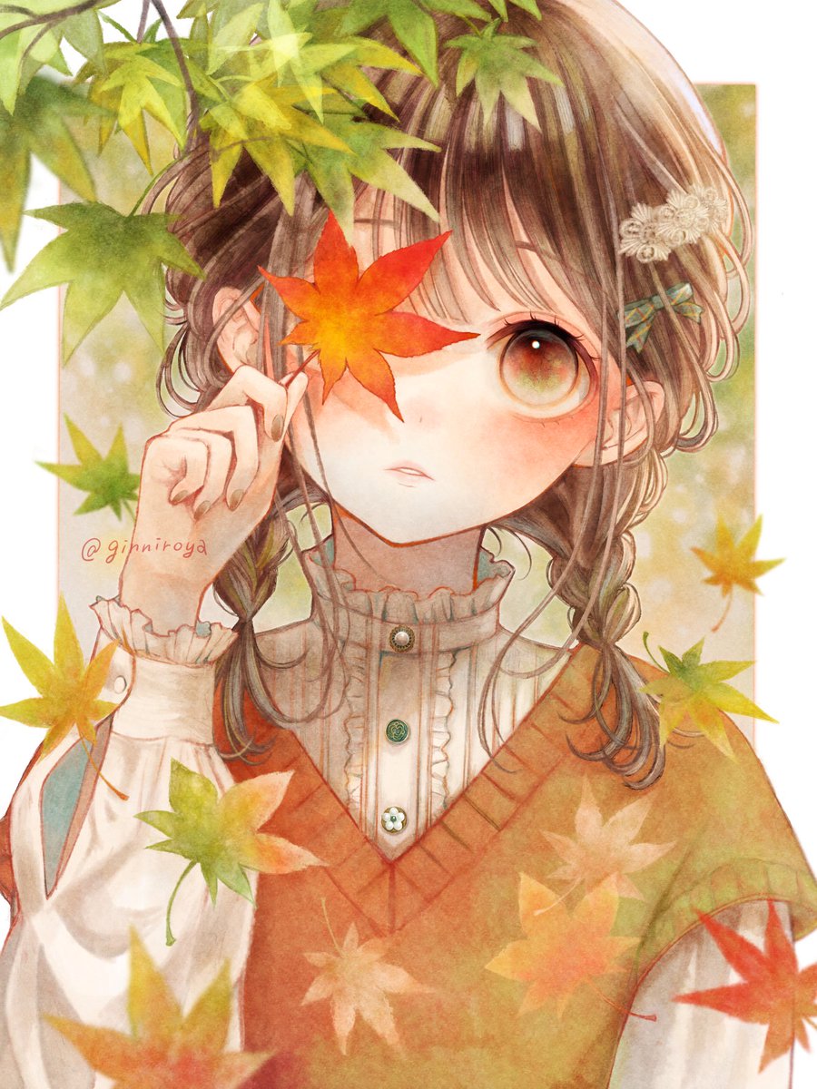 1girl solo leaf brown hair holding leaf braid hair ornament  illustration images
