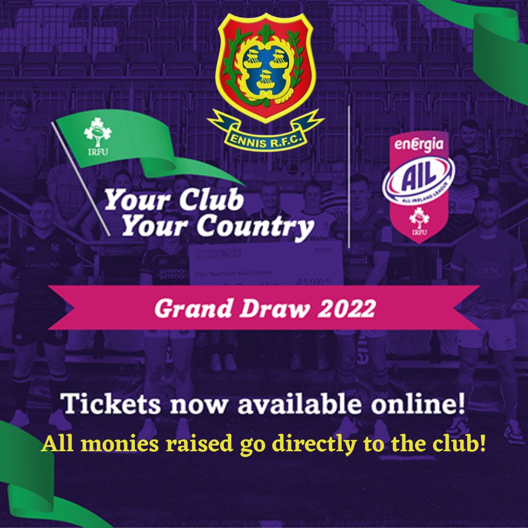 EnnisRugby's tweet photo. ❗️❗️Enter 2022 YCYC TODAY❗️❗️
Don't Miss out on these incredible prizes & a chance to support Ennis RFC!🔔
https://t.co/Bx78e6YJ1V
#ycyc #munsterrugby #rugby #fundraising #ennis https://t.co/6Wbn1WFsv2