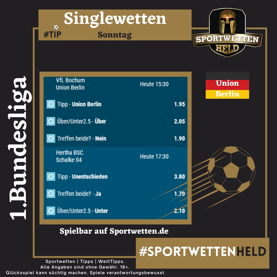 SportwettenHeld's tweet photo. Die coolen Quoten bekommst du auf Sportwetten_de https://t.co/99XA0c2v21 serviert.

#SportwettenHeld #WettTipps #Bettingtips #GamblingTwitter #Tipico_DE #VfLBochum1848eV #Fußball #bet365DE #Unibet_DE #Bwin_DE #wettbasis #bet #Bundesliga_DE #fcunion #s04 #HerthaBSC https://t.co/EidoyVtyX8