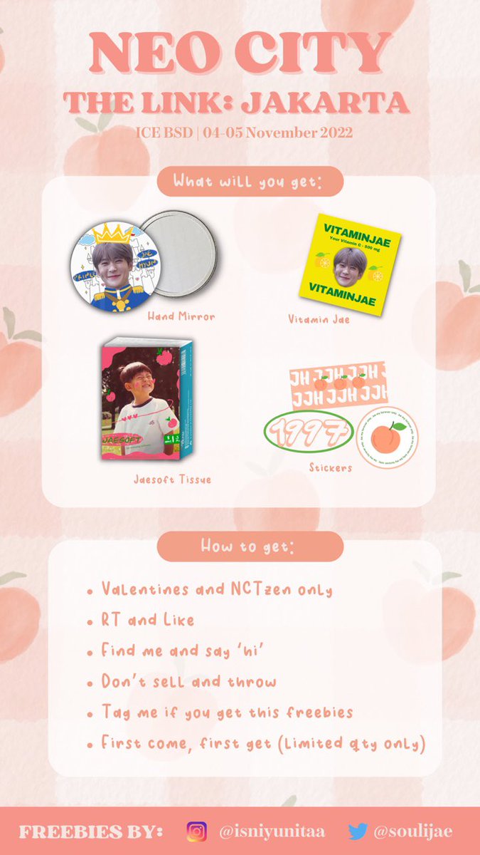 soulijae's tweet photo. NEO CITY: THE LINK JAKARTA
— freebies by @soulijae @isniyunitaa 

📆 4-5 November 2022
📍 ICE BSD

See you soon Vals 🍑
See you soon Sijeuniii!! 💚

[RT and like are appreciated]

#TheLinkInJakarta #THELINKTourJakarta #NEOCITY_THE_LINK_JKT #TheLinkInJKT #NCT127 #JAEHYUN https://t.co/qZw7k4LlLs