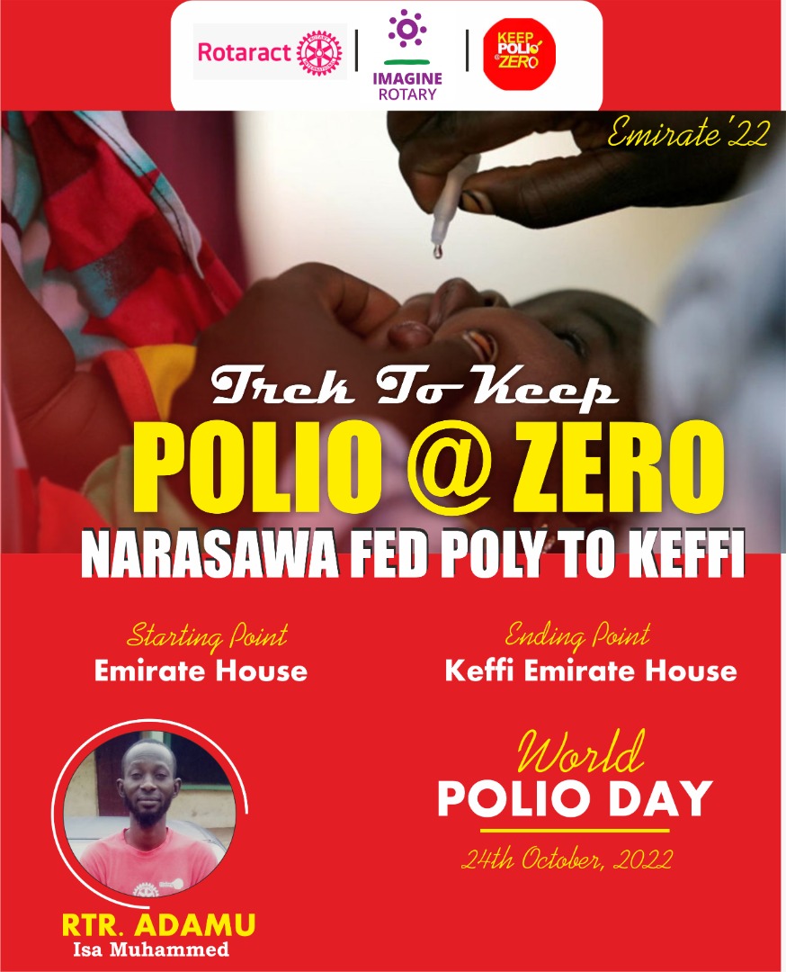 AdamuIsaMuhd's tweet photo. WORLD POLIO DAY AWARENESS 
24/10/2022, Rtr Adamu Isah Zone G, District 9125 Nigeria would embark on a 45KM Awareness Trek frm the Nasarawa Emirate House to Keffi Emirate House both of Nasarawa state
#EndPolioNow #RotaractDistrict9125Nigeria
#ImagineRotary #PolioAwarenessTrek2022 https://t.co/HKQTQ54aAR