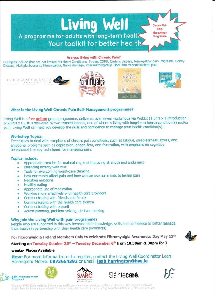 leahsnewworld's tweet photo. Looking forward to delivering this programme for @FibromyalgiaIre members 🦋 starting on Tuesday 10.30am-1.00pm to register contact leah.harrington@hse.ie limited places left‼️ #fibro #fibromyalgia #pain
Go to https://t.co/dZDjdAfHTU for more information on Living Well Programme https://t.co/Ms5NERK8Nm