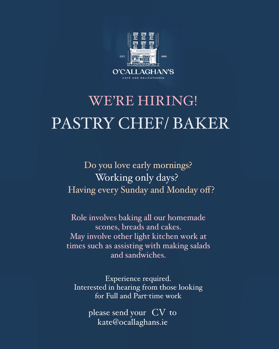 We’re looking for a pastry chef/ baker for our busy daytime cafe in Mitchelstown, Co. Cork. If you know anyone, please send them my way! #jobfairy #chefjobs #pastrychef #corkjobs #corkchefs