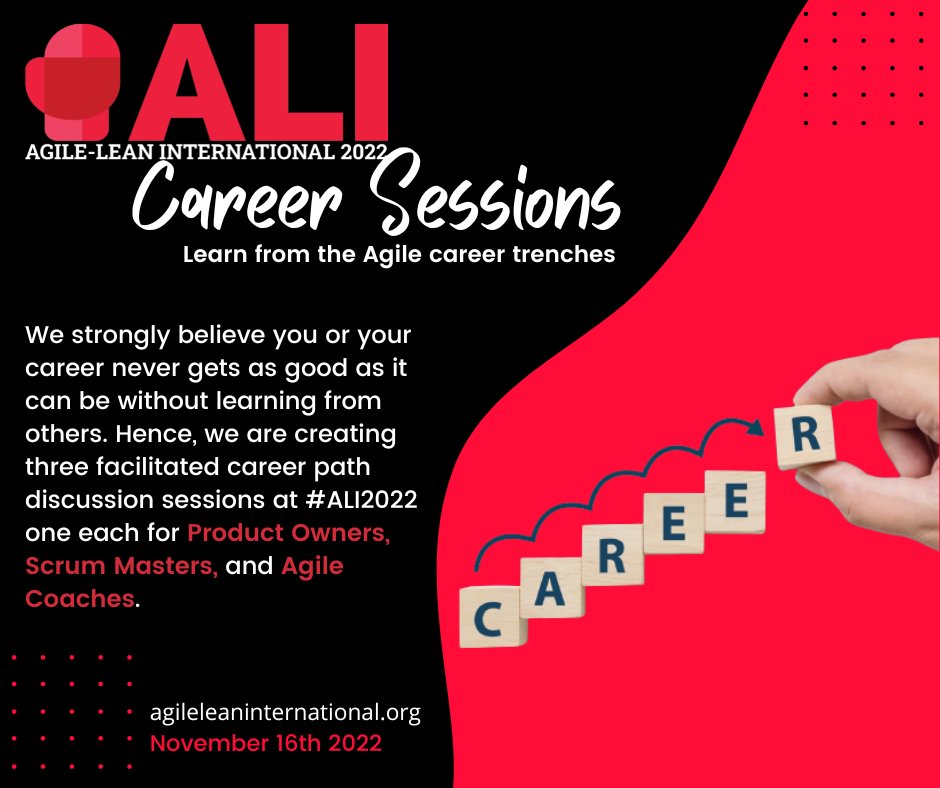 We strongly believe you or your career never gets as good as it can be without learning from others. With inspiration from within the community we are creating facilitated career path discussion sessions at #ALI2022, one each for Product Owners, Scrum Masters, and Agile Coaches.