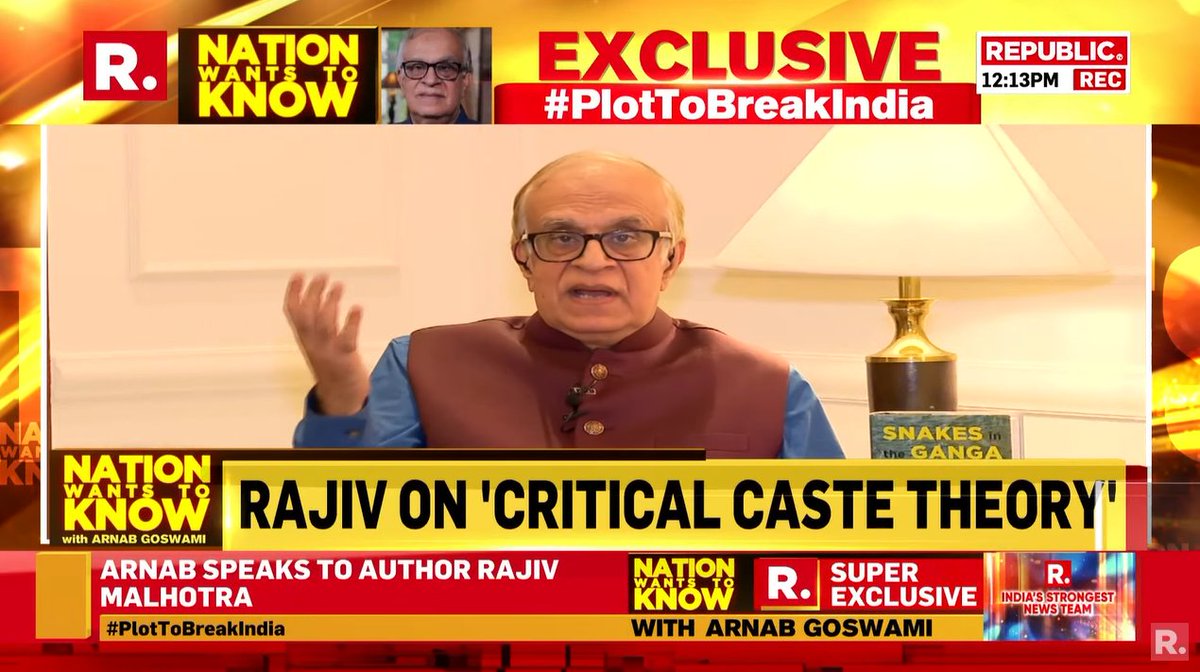 republic's tweet photo. #PlotToBreakIndia | Author of 'Snakes in the Ganga: Breaking India 2.0' @RajivMessage sheds light on 'critical caste theory' that originated in the West and how it is impacting India.

Tune in - https://t.co/2rijHpuhUV https://t.co/iMcAcWdAtH