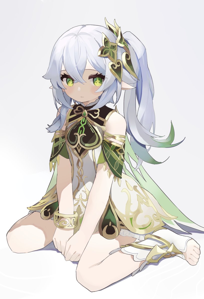 nahida (genshin impact) 1girl solo green eyes pointy ears sitting dress side ponytail  illustration images