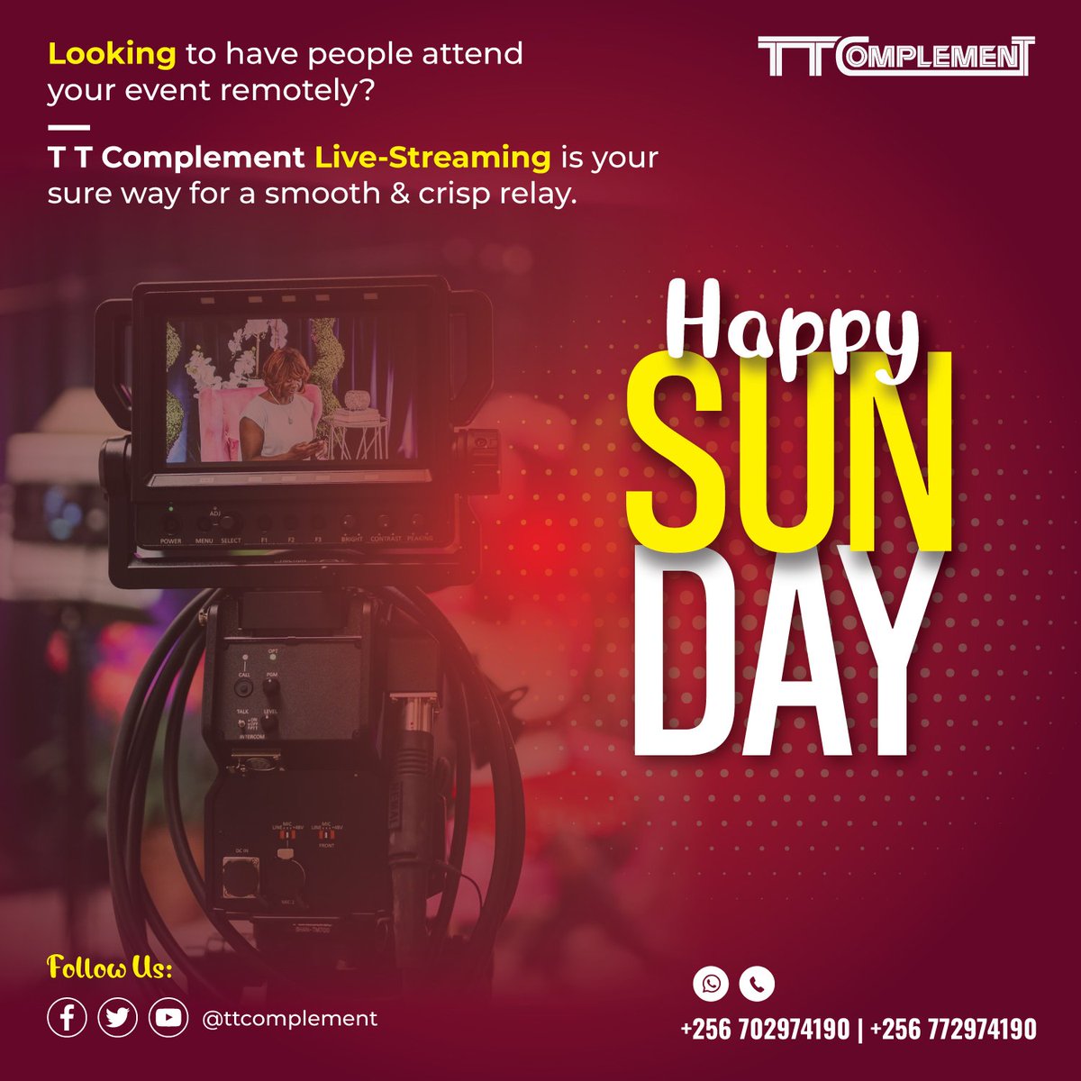 tt_complement's tweet photo. Wondering on how to pull off numbers for your next online event?
Look no further than TT COMPLEMENT thanks to our Live-streaming Services, for a crisp and smooth relay!
Get in touch: 📞/ 💬 📞 +256702974190
#ttcomplement #Livestreaming #videography #eventplanner https://t.co/2cQnda7b20