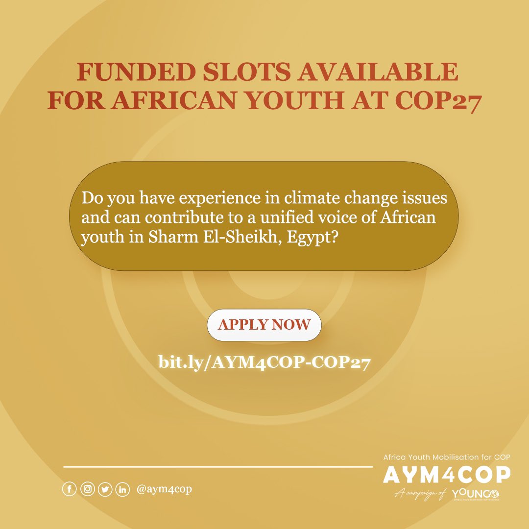 youngo_unfccc's tweet photo. 🔊COP27 Funding Alert for African Youth🔊

The Africa Youth Mobilization for COP [AYM4COP] a campaign of YOUNGO is inviting African youth with knowledge and experience in climate change issues and actively involved in climate change initiatives to apply for a funded… https://t.co/btBb6dWk4d