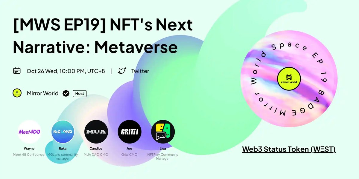 SonicSVM's tweet photo. Mirror World Space EP.19 🔥

🎞 Series: #Web3 LFG 🕶

Topic: NFT's Next Narrative: #Metaverse

🎁 Prize: Mirror Badge NFT
⏰ Time: October 26, 10AM EST, 10PM CST
🚩 Location: @joinmirrorworld Twitter #Space 

🔗Join the space through Link3: https://t.co/tumlsDDrJ1 https://t.co/Qeh7D0Y0Ev
