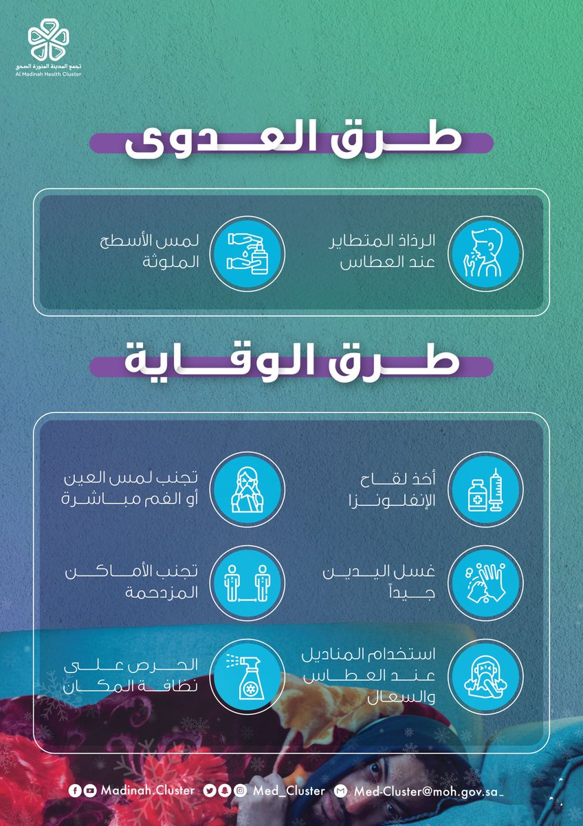 AlUla_Health's tweet photo. توعية || 💡

الحصول على لقاح #الإنفلونزا_الموسمية من أهم طرق الوقاية منها ..

تعرف على طرق العدوى وطرق الوقاية .. وبادر بإخذ اللقاح 💉

#تجمع_المدينة_الصحي
#العلا https://t.co/5QNhfHhEnB