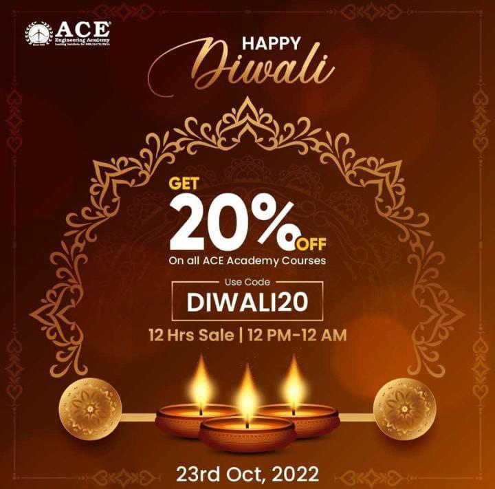 ACE_Enggacademy's tweet photo. Guide your Preparation with Enlightenment...Diwali with ACE 12 Hours Sale. Get 20% Off on all Courses, Use Code: DIWALI20
Valid on 23rd Oct 2022 | 12PM - 12 AM
Visit: https://t.co/mXWgpSwckM
#DiwaliOffer #FestivalOffer #ACECourses #GATE #ESE #onlineLiveClasses #ClassroomCoaching https://t.co/oXMt7vLVme