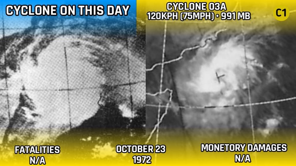 CycloneAnalyser's tweet photo. #COTD
On This Day, 50 years ago Cyclone Three peaked as a hurricane near #Socatra Island & made landfall there next day, fortunately as a minimal tropical storm. It caused heavy rain in #Kerala during it's formative phase, peaking 100 mm over #Palghat https://t.co/k5Tm5WTvZq
