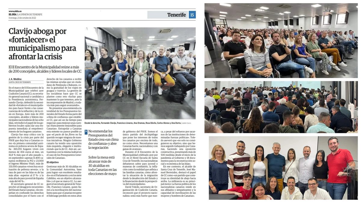 orotavaCC's tweet photo. 📰 @FLinares2023 "Más de 200 representantes de la municipalidad hemos debatido sobre migración, desempleo juvenil, inflación y el ninguneo de Madrid hacia Canarias"
@coalicion
#Canarias #Tenerife #LaOrotava #SiempreCercanos #ConProyecto #Equipo https://t.co/KARYzLOfZQ