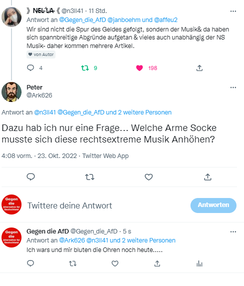 Gegen_die_AfD's tweet photo. Also die Musik, in der die #AfD einen wesentlichen Bestandteil darstellt, innerhalb der der Recherche, ist zutiefst Holocaust leugnend, Antisemitisch, Frauenverachtend, und vieles weitere. Und jetzt schon Teil eines Verfahrens bei Behörden. #NoAfD #Nazimusik https://t.co/aS55YeudQh
