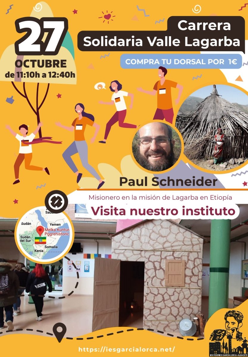 El próximo jueves 27 de Octubre celebramos en el <a href="/IesGarciaLorca/">IES LORCA ALBACETE</a> la carrera solidaria a favor del Valle Lagarba. 
Objetivo: construir casas en #Etiopía 🏠 
Donativo mínimo de 1€ 
El recorrido de la carrera será por el patio del centro.
🏃‍♀️🏃‍♂️¡¡¡¡¡¡¡ PARTICIPA!!!!🏃‍♂️🏃‍♀️