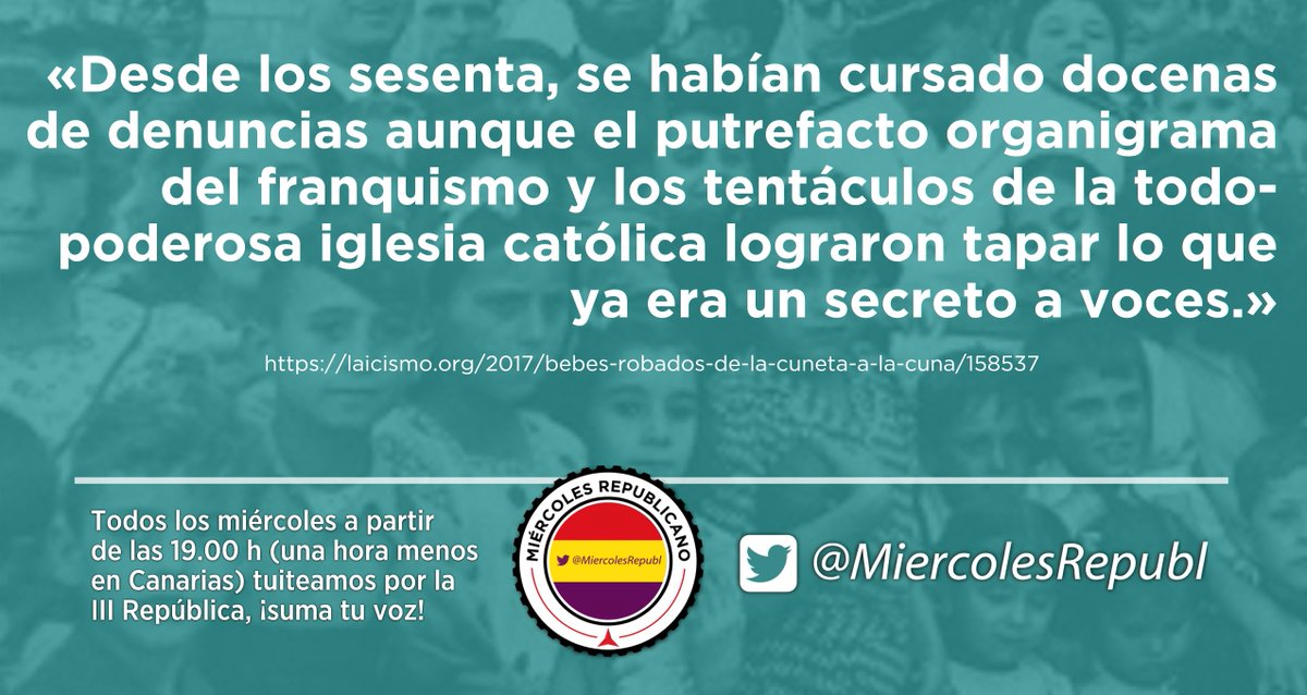 MiercolesRepubl's tweet photo. ￼ «Desde los sesenta, se habían cursado docenas de denuncias aunque el putrefacto organigrama del franquismo y los tentáculos de la todopoderosa iglesia católica lograron tapar lo que ya era un secreto a voces.»

https://t.co/SWJJkOvlW4…#FelizDomingo  https://t.co/OmuboO5d9l