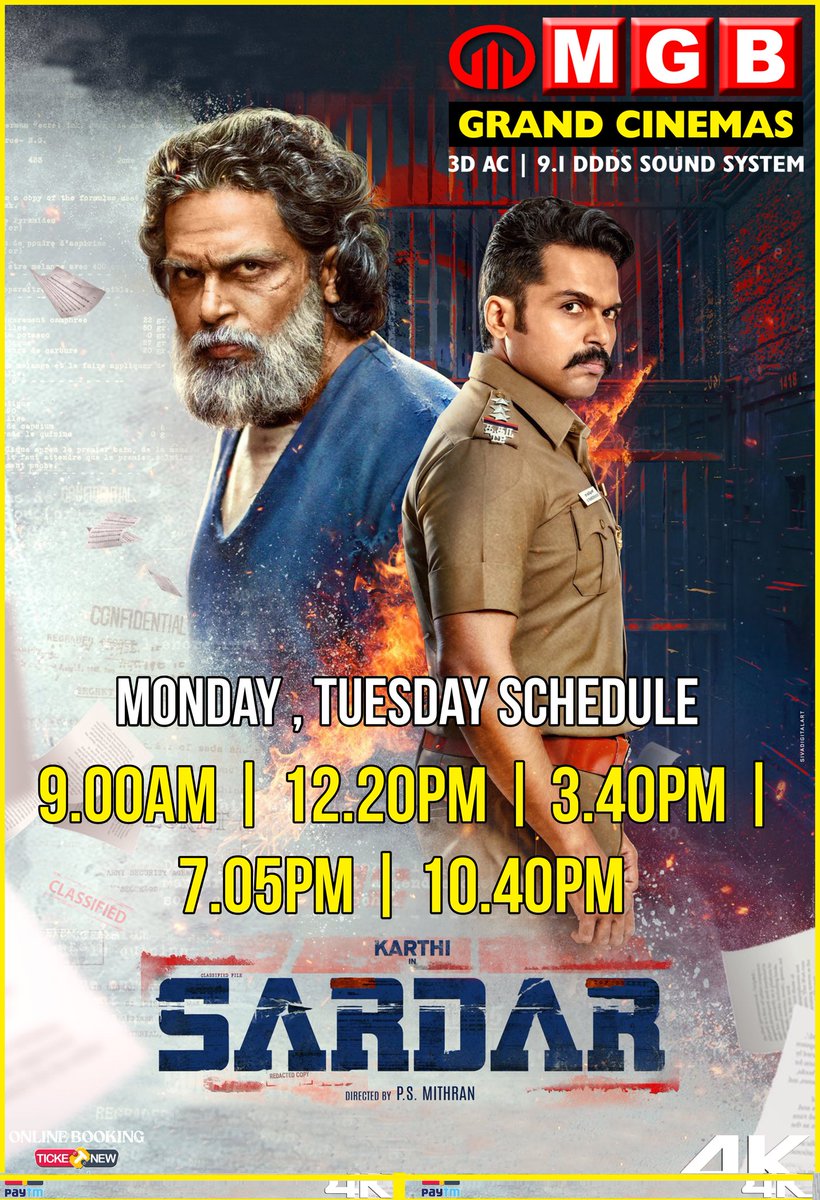 MGBGrandCinema's tweet photo. Watch Massy Spy Thriller #Sardar in your @MGBGrandCinema 🌟

Monday &amp; Tuesday Schedules 
9.00AM | 12.20PM | 3.40PM | 7.05PM | 10.40PM

Book tickets @ https://t.co/0rq4Jtp9e5…

Experience in @ChristieDigital 4K projection &amp; most powerful 9.1 DDDS surrounds at #MGBGrandCinemas https://t.co/cifcvMp6lk