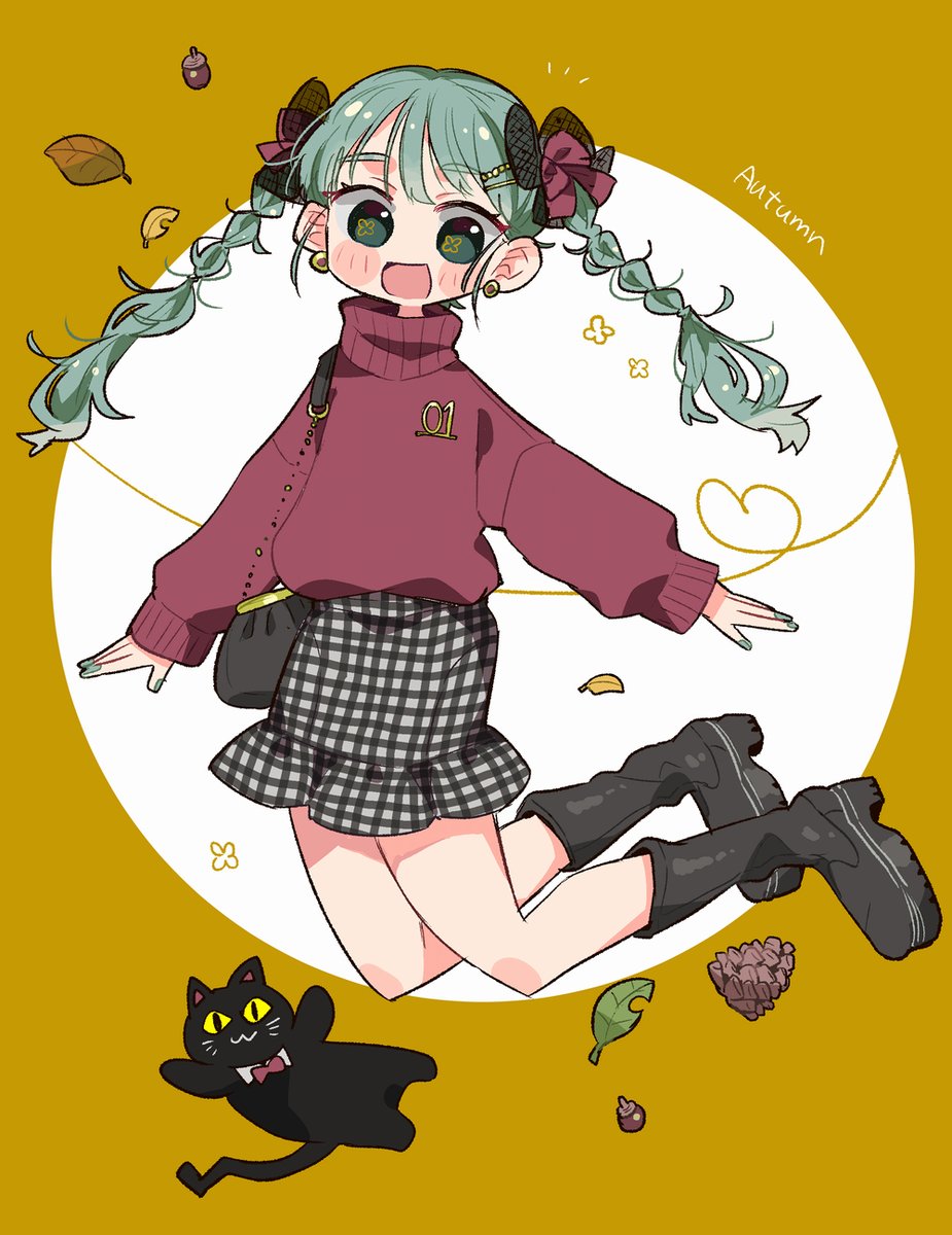 1girl skirt leaf braid bow smile sweater  illustration images