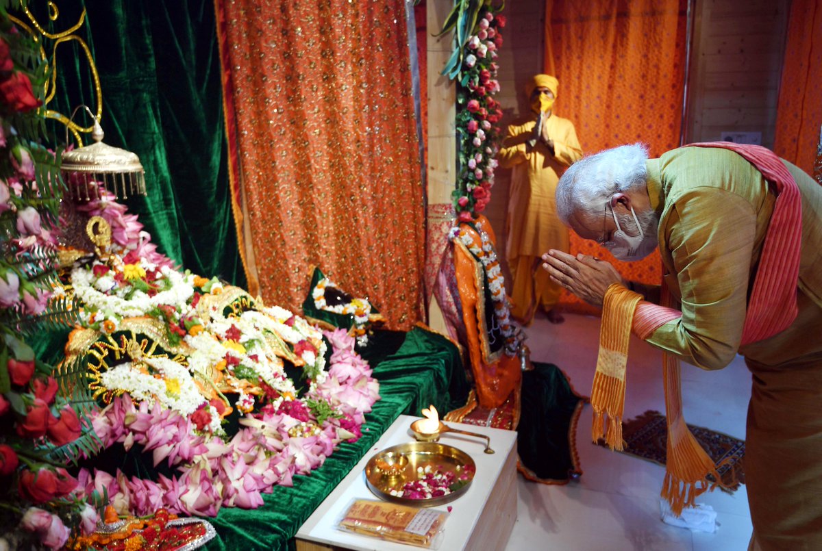 The 500-year-old Ram Mandir movement, and Modi's personal journey of devotion, culminated on 5th August 2020. The foundation stone for Bhagwaan Sri Ram's Temple in Ayodhya was laid by Modi.

[Modi seeks Ram Lalla Virajman's blessing prior to laying the foundation for Ram Mandir.]