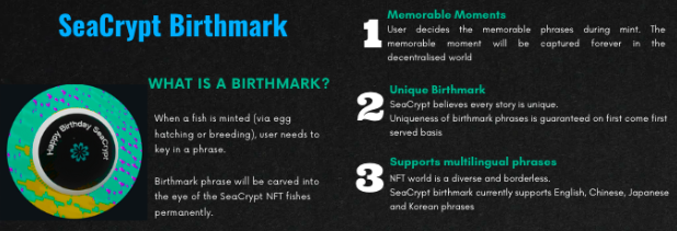 SeaCrypt's tweet photo. In #seacrypt, communities can capture their memorable moments using birthmark phrases.
Birthmark is carved into the 👁 when a 🐠 is hatched.
#Birthmark is unique so grab yours before others do it!
#opensea #polygonNFT #nftmemory #nftmint https://t.co/oOa1zMBeIS