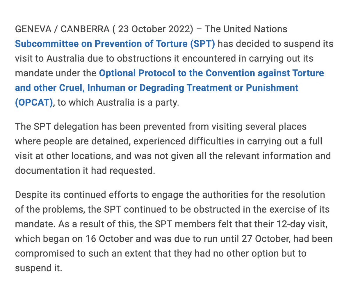 Absolutely appalling that a UN torture prevention body has had to suspend its visit to #Australia citing lack of co-operation from Australian state governments. What kind of message does this send to other governments about cooperation with UN bodies? 🙄 shar.es/afhoFa