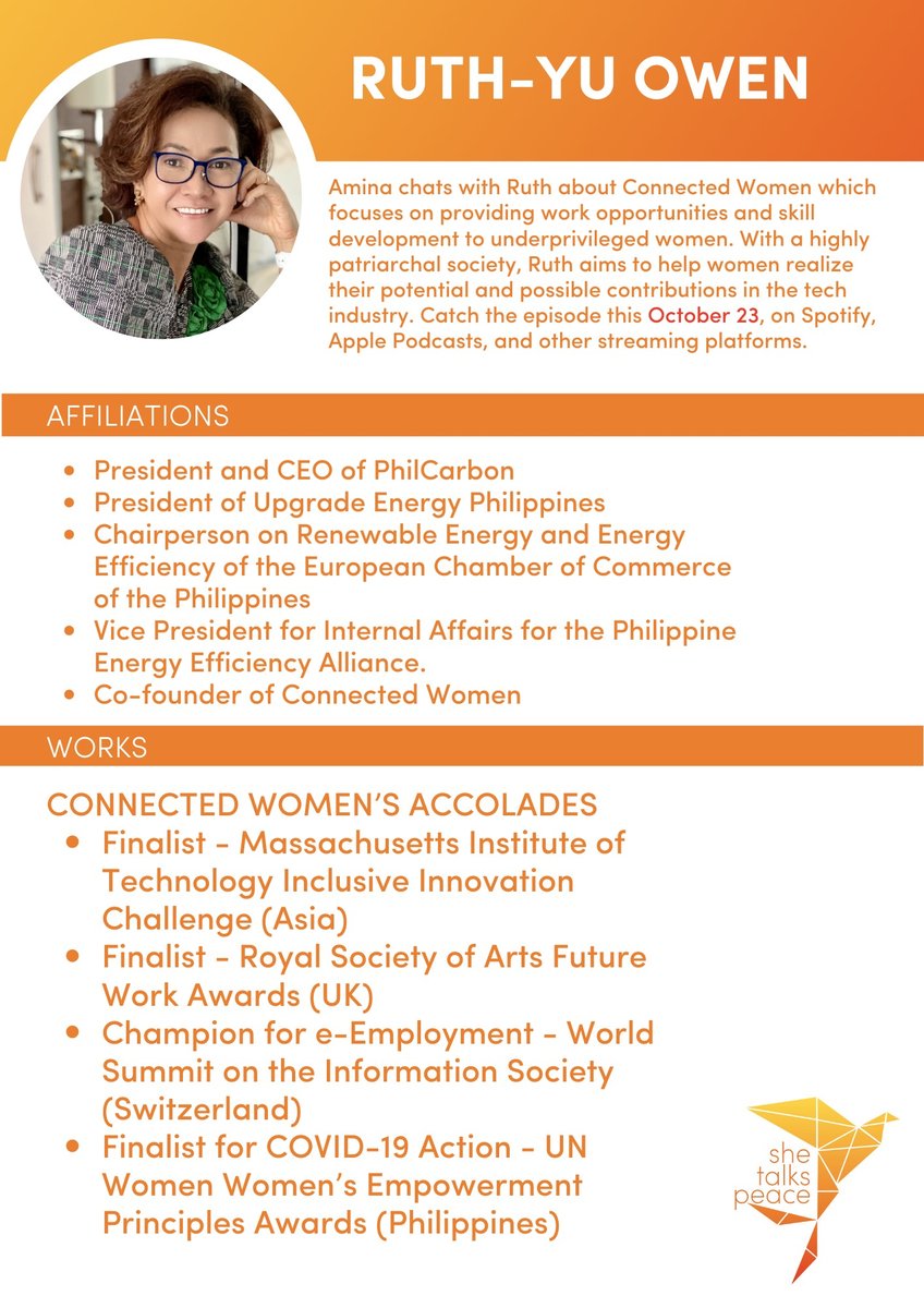 shetalkspeace's tweet photo. Curious about our guest for Episode 62 of #SheTalksPeace? Read more about Ruth Yu-Owen of @connectedwomen here! https://t.co/5TxyYTSIqS