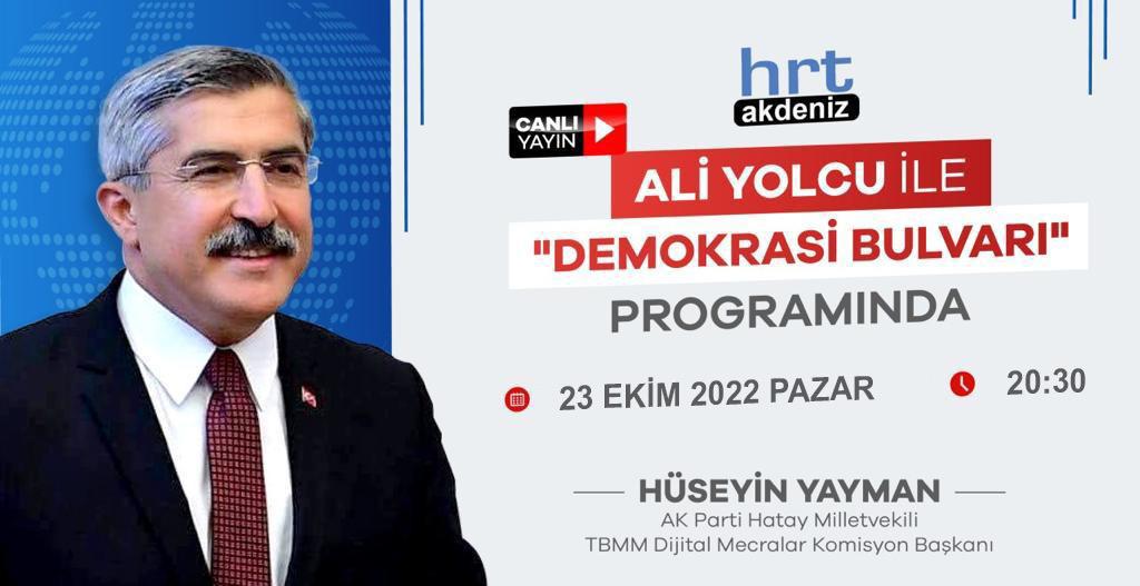 akpartilhatay's tweet photo. Hatay Milletvekilimiz, TBMM Dijital Mecralar Komisyon Başkanı Sayın @HuseyinYayman bugün saat 20:30’da @HrtAkdenizTv'de Sayın Ali Yolcu'nun hazırlayıp sunduğu "Demokrasi Bulvarı" Programının konuğu olacaktır. https://t.co/TT3MWdPB1d