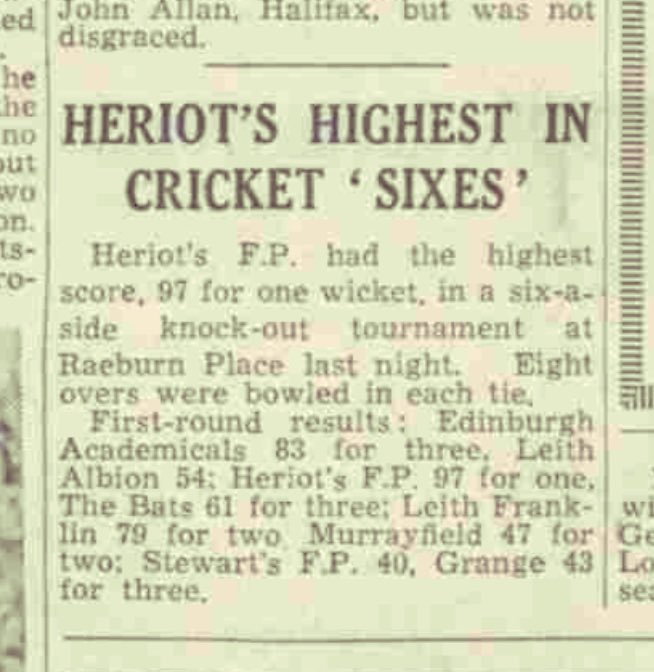 ScottyCricket's tweet photo. #June1956 @HeriotsCricket @heriotsarchive highest ‘Sixes’ score @EdinburghAccies @StewMelCC @LeithFABCC @MDAFS @GrangeCC …..Any idea who #TheBats were @cclarkedinburgh @artiscorer ? @ESCACricket https://t.co/K9ye7MxrUf