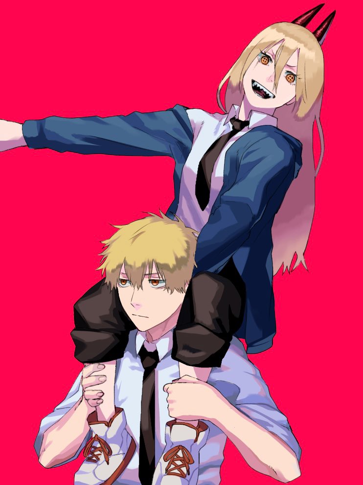 denji (chainsaw man) ,power (chainsaw man) 1girl 1boy blonde hair necktie sharp teeth black necktie horns  illustration images