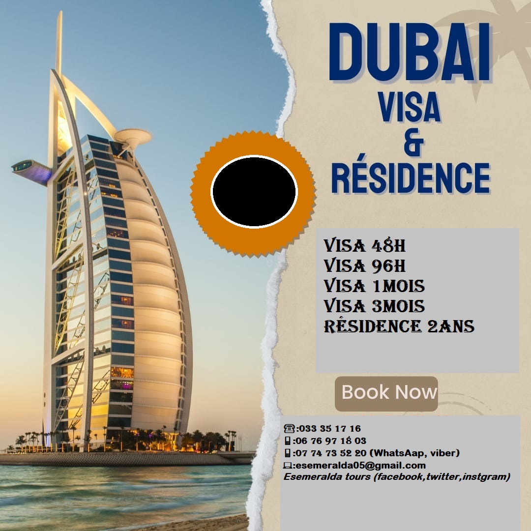 #Offres_visas:
votre agence de voyage #Esemeralda_Tours vous propse  visa: Dubai🇦🇪             
Pour plus d'informations n'hésitez pas à nous contacter, nous serons heureux de répondre à vos questions 😊:
☎️:033 35 17 16
📱:06 76 97 18 03
📱:07 74 73 52 20 ( WatsAap, Viber)