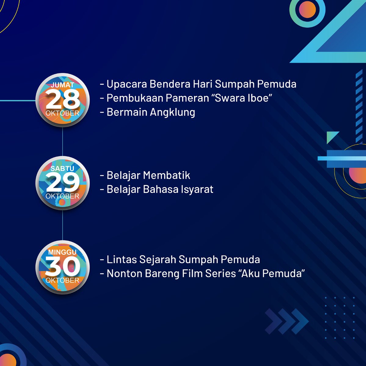 Museum Sumpah Pemuda (@m_sumpahpemuda) on Twitter photo Halo #SahabatMuseum..
Ikuti & meriahkan Festival Pemuda dalam rangka menyambut 94 tahun Sumpah Pemuda. Sahabat dapat mengikuti pelaksanaan upacara bendera, membatik, belajar bahasa isyarat, dan lain-lain.
#MuseumSumpahPemuda #HSP94 #BersatuBangunBangsa
<a href="/Kemdikbud_RI/">kemdikbud go id</a> Halo #SahabatMuseum..
Ikuti & meriahkan Festival Pemuda dalam rangka menyambut 94 tahun Sumpah Pemuda. Sahabat dapat mengikuti pelaksanaan upacara bendera, membatik, belajar bahasa isyarat, dan lain-lain.
#MuseumSumpahPemuda #HSP94 #BersatuBangunBangsa
<a href="/Kemdikbud_RI/">kemdikbud go id</a>