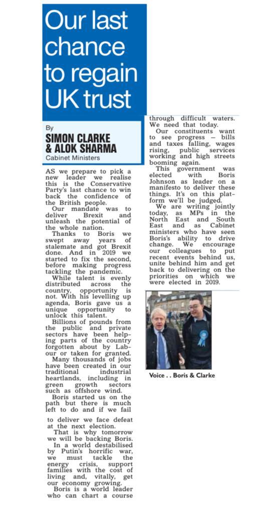 SirSimonClarke's tweet photo. Very proud to be in @SunPolitics alongside COP President @AlokSharma_RDG making the case for @BorisJohnson today!

Boris is the person trusted by voters to level up opportunity across the country, from north to south. 

#BringBackBoris https://t.co/f8gu5rKV6p