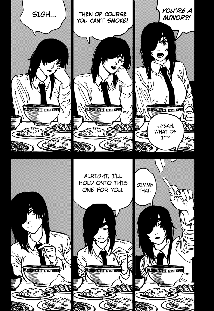 Worolas's tweet photo. @Kobeniscar Yeah that makes sense because he smokes but also the flashback later on with Himeno he refuses a cigarette because he's a minor at the time https://t.co/UelCMW3ODn