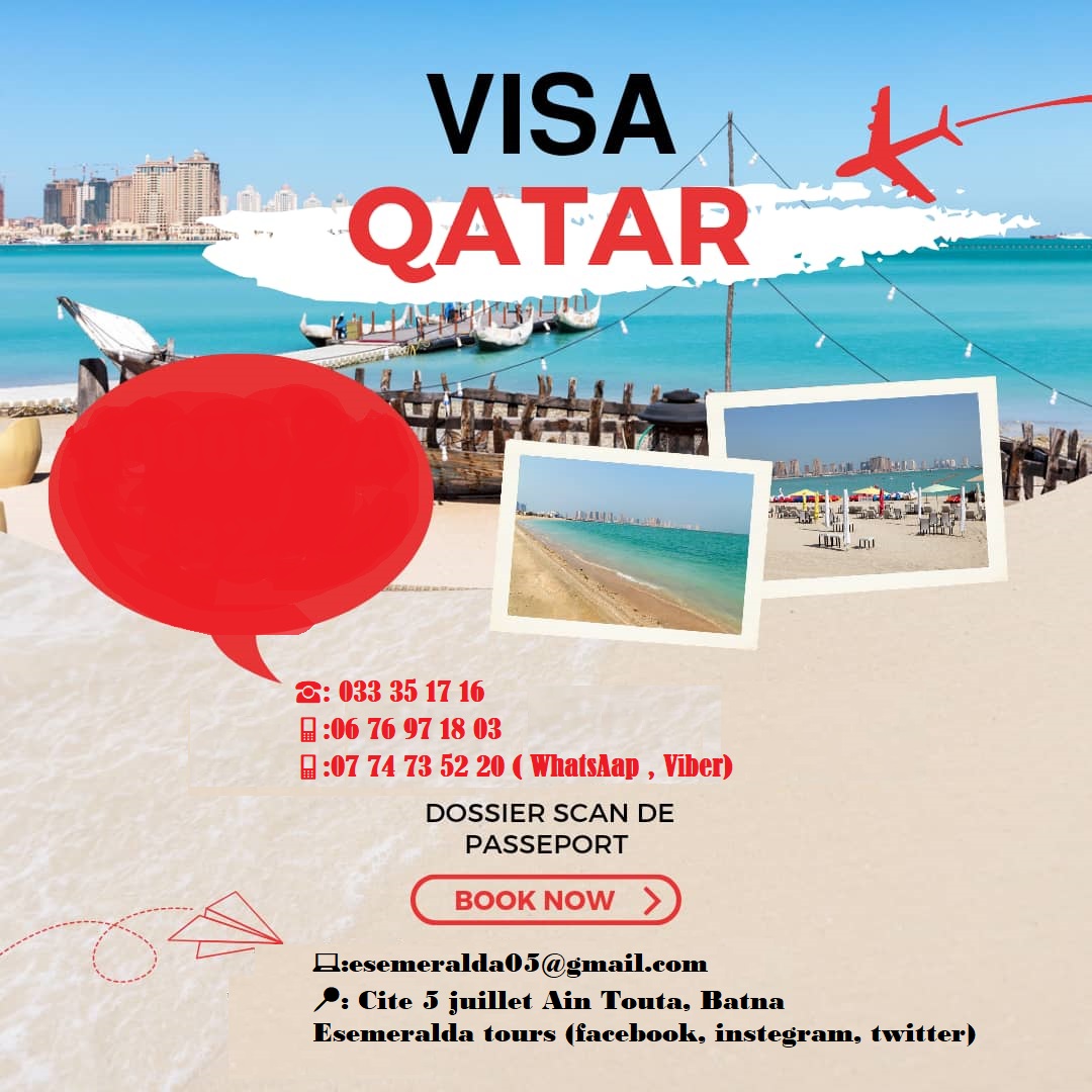#Offres_visas:
votre agence de voyage #Esemeralda_Tours vous propse offre de #visa: Qatar 
Pour plus d'informations n'hésitez pas à nous contacter, nous serons heureux de répondre à vos questions 😊:
☎️:033 35 17 16
📱:06 76 97 18 03
📱:07 74 73 52 20 ( WatsAap, Viber)