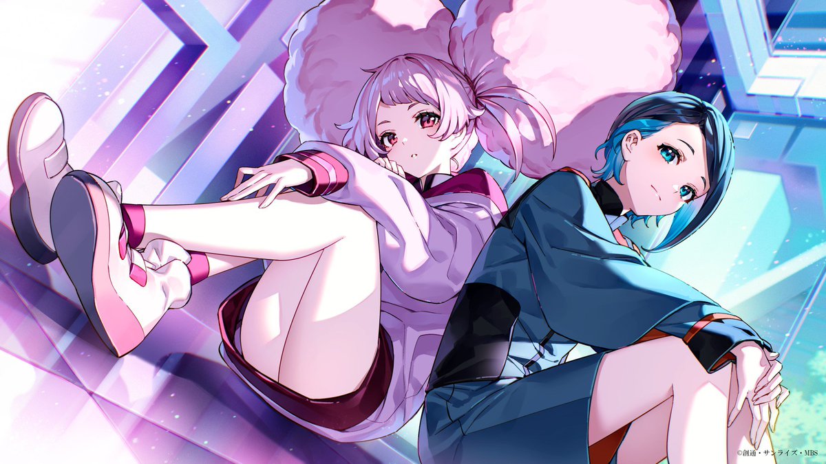 asticassia school uniform multiple girls 2girls school uniform blue hair pink hair shorts  illustration images