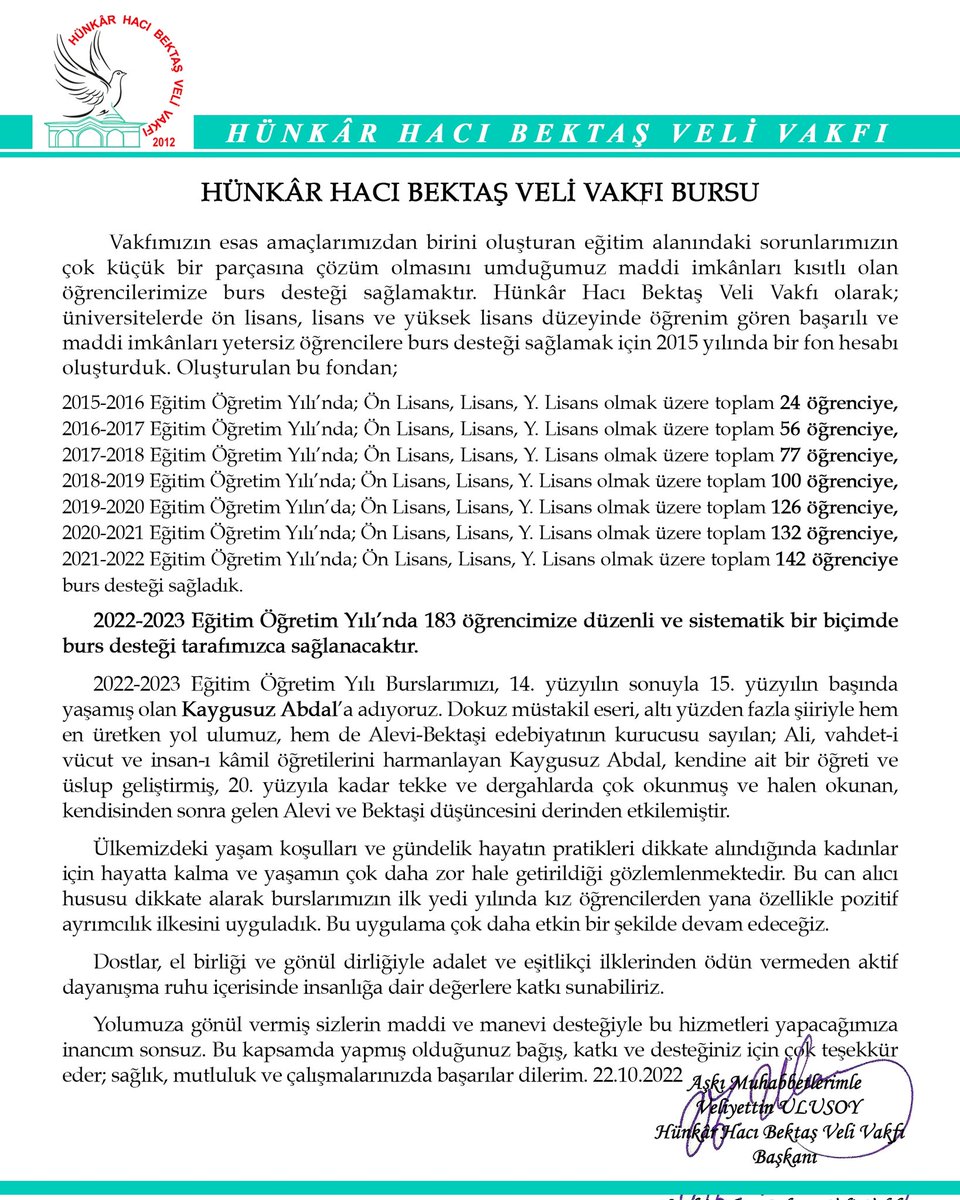 Hünkar Hacı Bektaş Veli Vakfı olarak, 2022-2023 Eğitim Öğretim Yılı’nda 183 öğrenciye düzenli bir şekilde burs desteği sağlayacağız. Bağış sistemi gönüllülük ve Hak rızası üzerine kuruludur. Katkı ve destek sunan bütün dostlara teşekkürler.