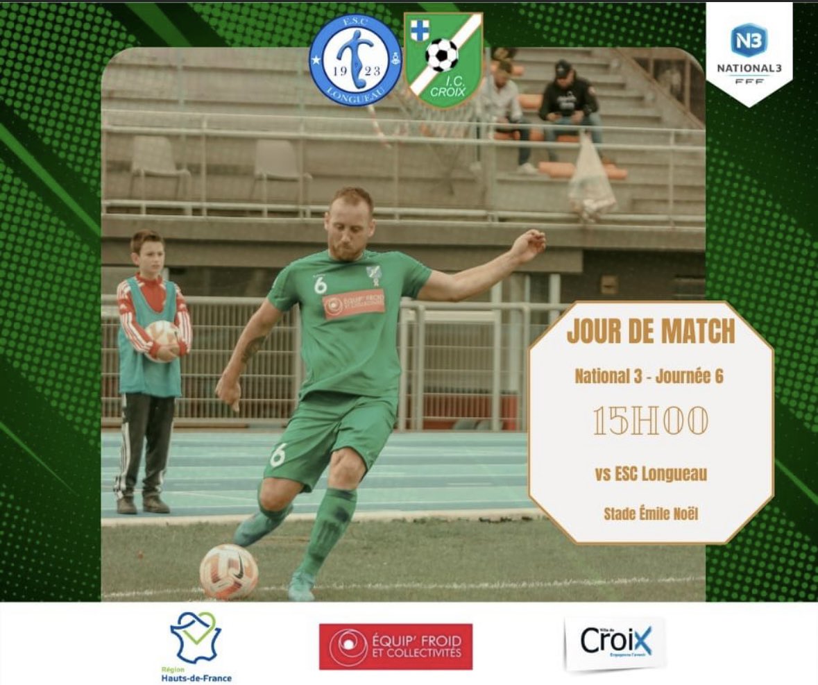 𝐉𝐎𝐔𝐑 𝐃𝐄 𝐌𝐀𝐓𝐂𝐇 🔥 

⚔️ 𝐉𝟔 𝐝𝐞 𝐍𝐚𝐭𝐢𝐨𝐧𝐚𝐥 𝟑
📅 Dimanche 23 Octobre
🆚️ ESC Longueau
⏱️ Coup d’envoi 15h
🏟 Stade Émile Noël
🎟️ Tarif : 6 euros 

𝙰𝙻𝙻𝙴𝚉 𝙻’𝙸𝚁𝙸𝚂 💪 🟢⚪️