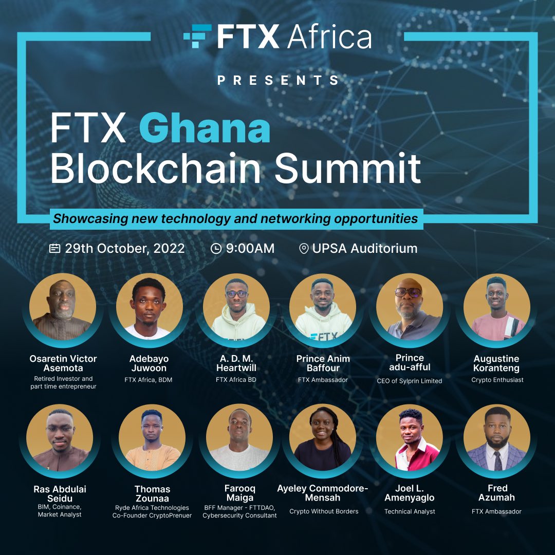 onua_zionfelix's tweet photo. How can blockchain technology and cryptocurrencies be leveraged for economic empowerment and development?
Join the conversation on 29th Oct, 2022 at the UPSA Auditorium for the maiden edition of FTX Ghana Blockchain Summit
Sign up here👇🏾
https://t.co/R8j6rvKcbY
#FTXSummit https://t.co/JyjhYvIVds