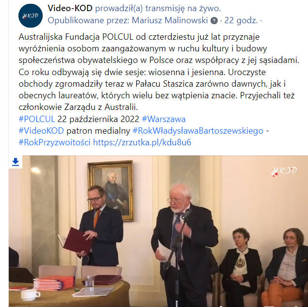 Bartoszewski_EU's tweet photo. #Warszawa
22 października 2022 r.
#POLCUL
Co roku odbywają się sesje wiosenna i jesienna. Uroczyste obchody zgromadziły w Pałacu Staszica dawnych i obecnych laureatów nagrody POLCUL. Przyjechali też członkowie Zarządu z Australii.
#VideoKOD
Ogladaj
⬇️ https://t.co/bGLZBQFFhx https://t.co/dL2vZTxVWX