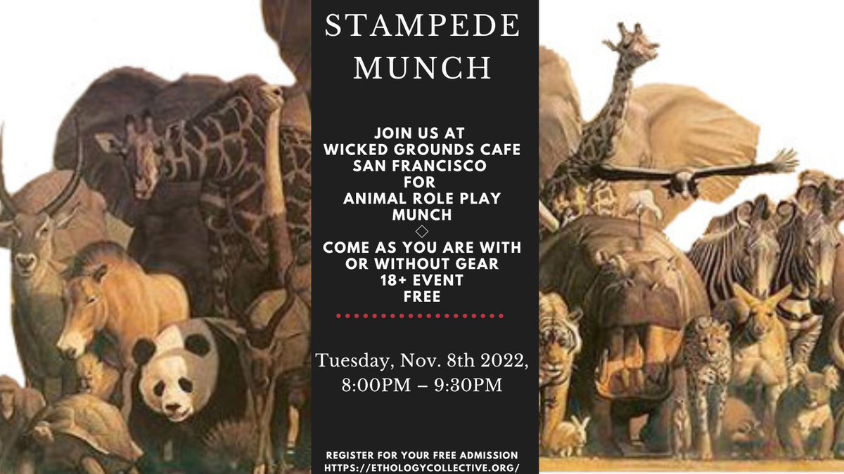 EthologyMe's tweet photo. November 8th, save the date!
Come join us at @WickedGrounds for our Animal Role-playing Stampede Munch!
This is a free +18 event
https://t.co/txOkjpuC8D
#animalroleplay #wickedgrounds #sfkink #petplay #humananimals #sfmunch #munch #roleplayevent #roleplaymunch #petplaygear https://t.co/kYS6dFvBfI