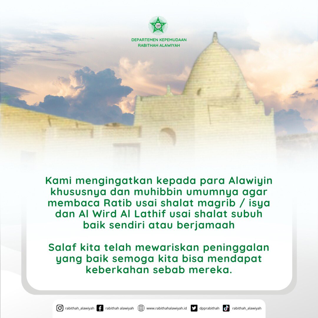 dpprabithah's tweet photo. Ratib dan Wirdul Lathif
Departemen Kepemudaan Rabithah Alawiyah
@dpprabithah
#rabithahalawiyah #ratib #wirdullatif https://t.co/nIeZSh3RS0