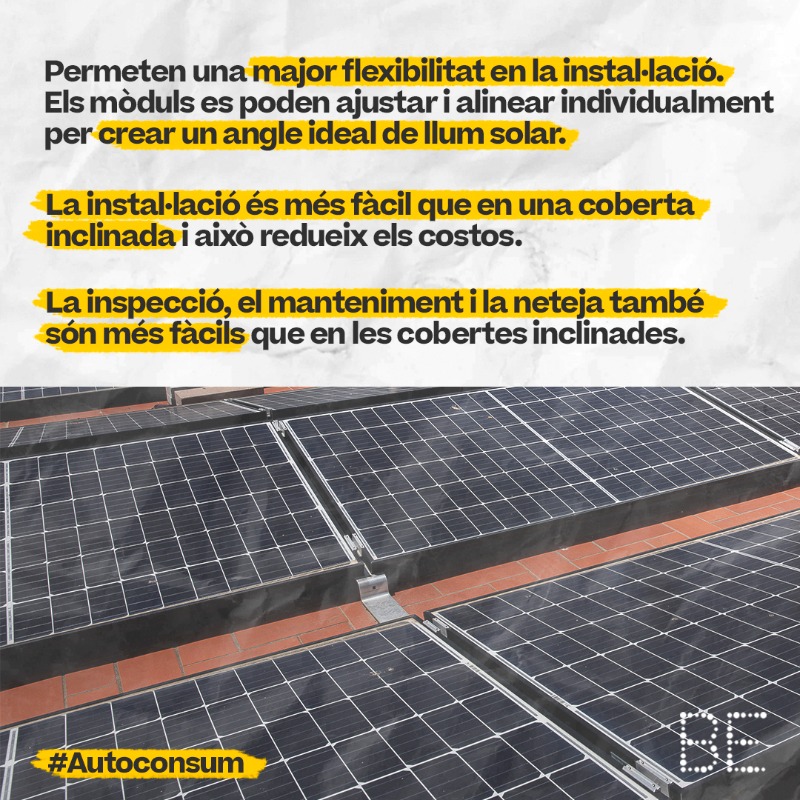 bcn_energia's tweet photo. 🤔 Una coberta plana és menys òptima per instal·lar #plaques?

✅ Els #panells es poden instal·lar d'igual manera generant una inclinació artificial que millori la incidència dels rajos del sol.

A més, les estructures de suport permeten una major flexibilitat en la instal·lació.