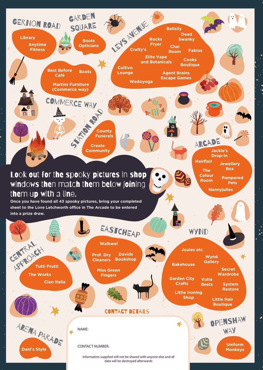 The FREE Halloween Trail has started in Letchworth 🎃 

Pick up your entry form from Love Letchworth - 4 The Arcade - follow the trail and return your completed form / post it through the letter box - to be entered into the prize draw. 

Good Luck 🦇 🕷 🧟‍♀️ 🧛🏻‍♂️
<a href="/LoveLetchworth/">Love Letchworth</a>
