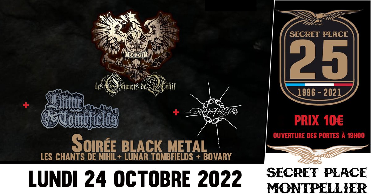 FranceMetal's tweet photo. Lundi 24 octobre >34430 Montpellier (St Jean-de-Védas) > https://t.co/zyU13u5ktn @secretplacetaf @LunarTombfields @bovaryblackmetal @LESCHANTSDENIHIL https://t.co/ls25Kz5T8t