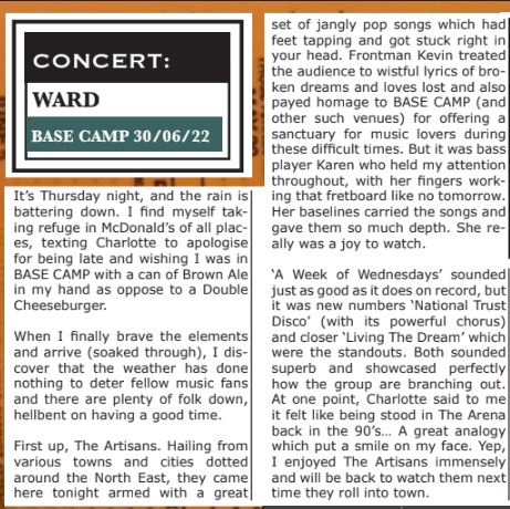 'Like being stood in the Arena back in the 90s.' Thanks to Steve of @PointBlankZine (& Charlotte) for this very lovely - very Teesside - review of our @BaseCampBoro gig with @SoundsofWARD. Catch us next @poprecsltd on 1st November, with the wonderful @TALLIESband.