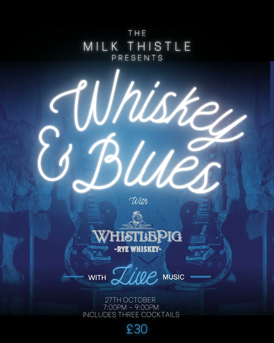 There are just a handful of tickets left for our inaugural Whiskey &amp; Blues night on Thursday 27th October. WhistlePig Whiskey cocktails and live music - what more could you want? Tickets are available here: bit.ly/3ChURwP