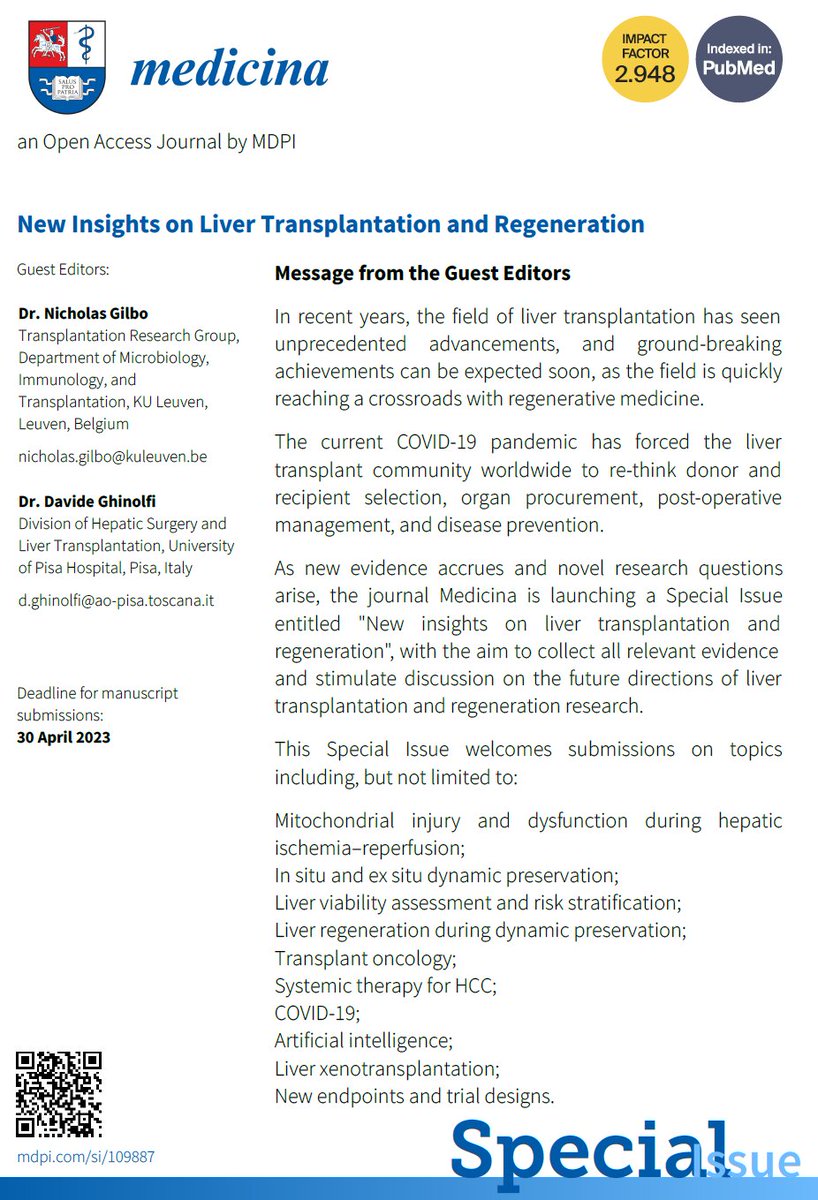 Nicholas Gilbo (@nicholasgilbo) on Twitter photo Good news!
As submission to SI <a href="/MdpiMedicina/">Medicina MDPI</a> are rolling in & many colleagues asked for more time, we are glad to announce a deadline extension to submit your paper about #LiverTransplantation & #regeneration
๐
30 April 2023. Save the date!
๐mdpi.com/journal/mediciโฆ
RT, please! Good news!
As submission to SI <a href="/MdpiMedicina/">Medicina MDPI</a> are rolling in & many colleagues asked for more time, we are glad to announce a deadline extension to submit your paper about #LiverTransplantation & #regeneration
๐
30 April 2023. Save the date!
๐mdpi.com/journal/mediciโฆ
RT, please!