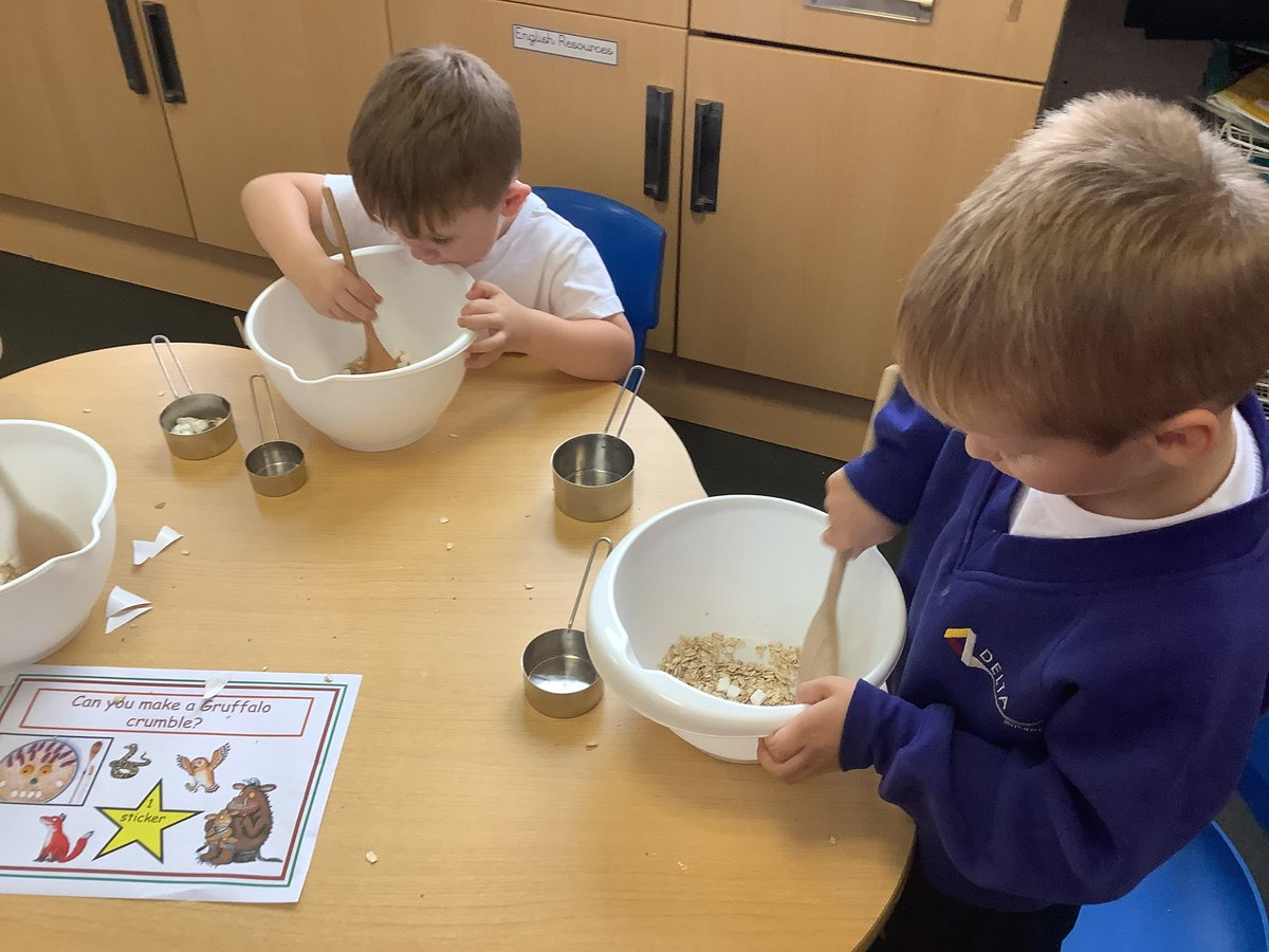 DeltaStrand's tweet photo. The children in HMS Rainbow are enjoying their talk for writing text, the Gruffalo's Child. They thoroughly enjoyed making 'Gruffalo crumble' this week, they worked so hard being creative! @DeltaStrand @Talk4Writing #DeltaStrandWriting https://t.co/brehF0b3EY