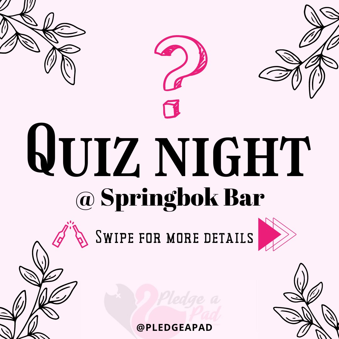 PledgeAPadSA's tweet photo. 💕
Come join us for a fun quiz night @springbokbar.hatfield on Wednesday,  26 October 🥳🥳
.
The Team sign up link is in our Bio!
.
We hope to see you there!!!
.
.
.
#pledgeapad #pledgeapadup #springbokbar #springbokbarhatfield #quiznight #fun #sundayfunday #quiznightssa https://t.co/K6X3EpGiWa